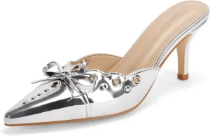 Coutgo Women's Bow Tie Mule Heels Pointed Toe Studded Backless Stilettos Slip On Dress Pump Shoes
