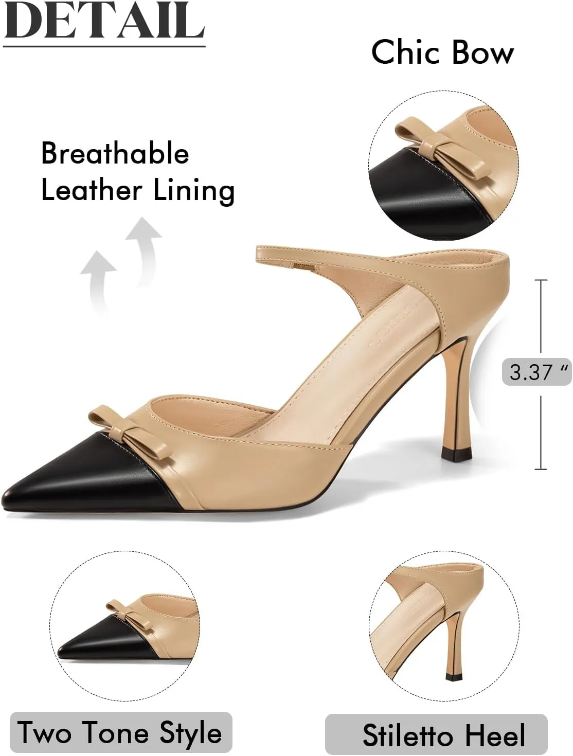 Coutgo Womens High Heels Bow Mules Stiletto Slip on Two Tone Ankle Strap Pumps Closed Pointed Toe Sandals Dress Shoes