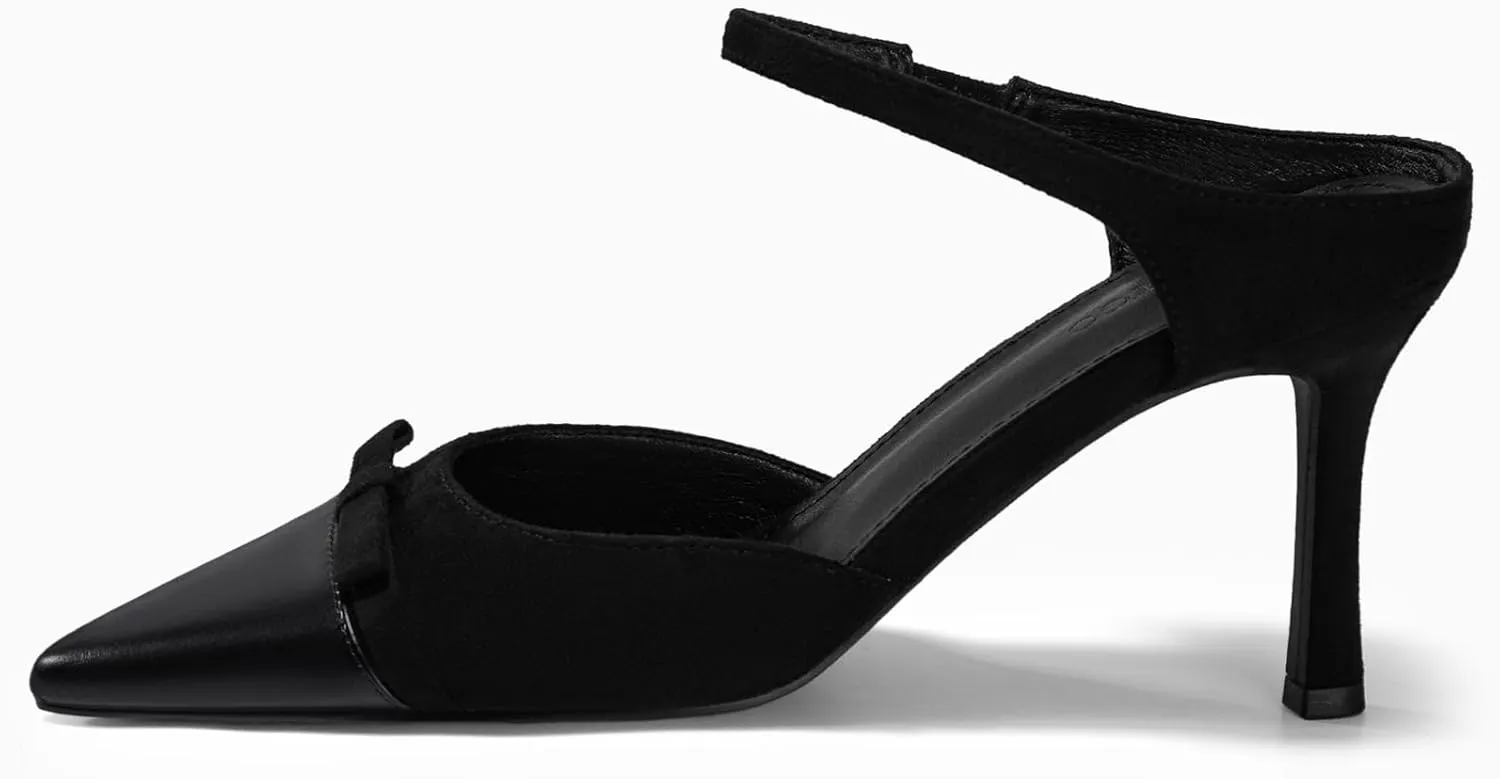 Coutgo Womens High Heels Bow Mules Stiletto Slip on Two Tone Ankle Strap Pumps Closed Pointed Toe Sandals Dress Shoes