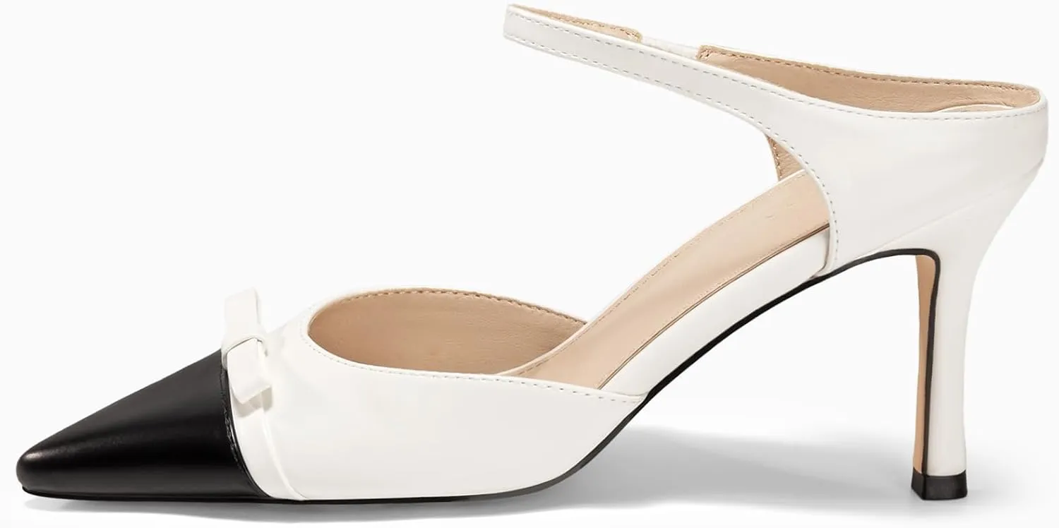 Coutgo Womens High Heels Bow Mules Stiletto Slip on Two Tone Ankle Strap Pumps Closed Pointed Toe Sandals Dress Shoes