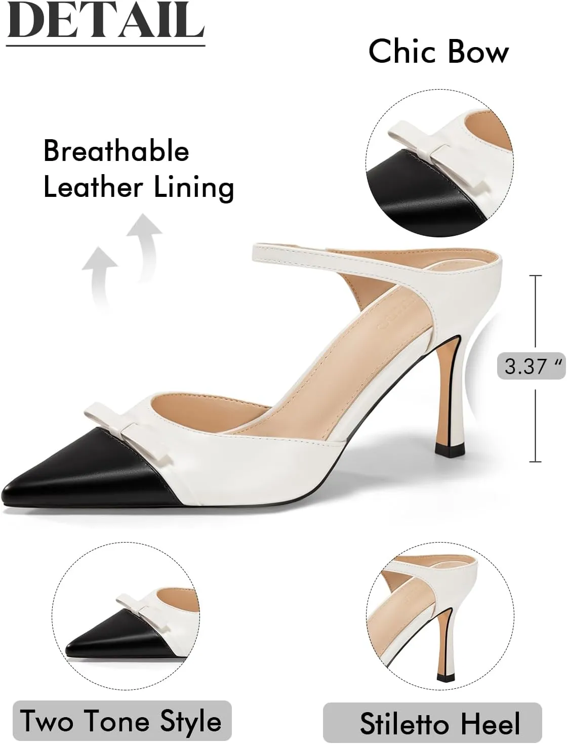 Coutgo Womens High Heels Bow Mules Stiletto Slip on Two Tone Ankle Strap Pumps Closed Pointed Toe Sandals Dress Shoes