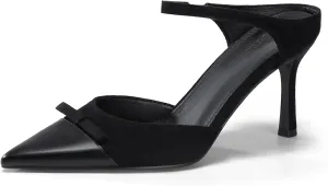 Coutgo Womens High Heels Bow Mules Stiletto Slip on Two Tone Ankle Strap Pumps Closed Pointed Toe Sandals Dress Shoes