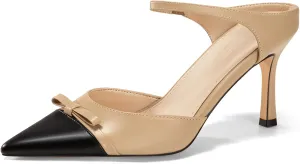 Coutgo Womens High Heels Bow Mules Stiletto Slip on Two Tone Ankle Strap Pumps Closed Pointed Toe Sandals Dress Shoes
