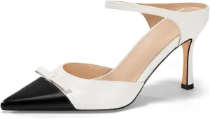 Coutgo Womens High Heels Bow Mules Stiletto Slip on Two Tone Ankle Strap Pumps Closed Pointed Toe Sandals Dress Shoes