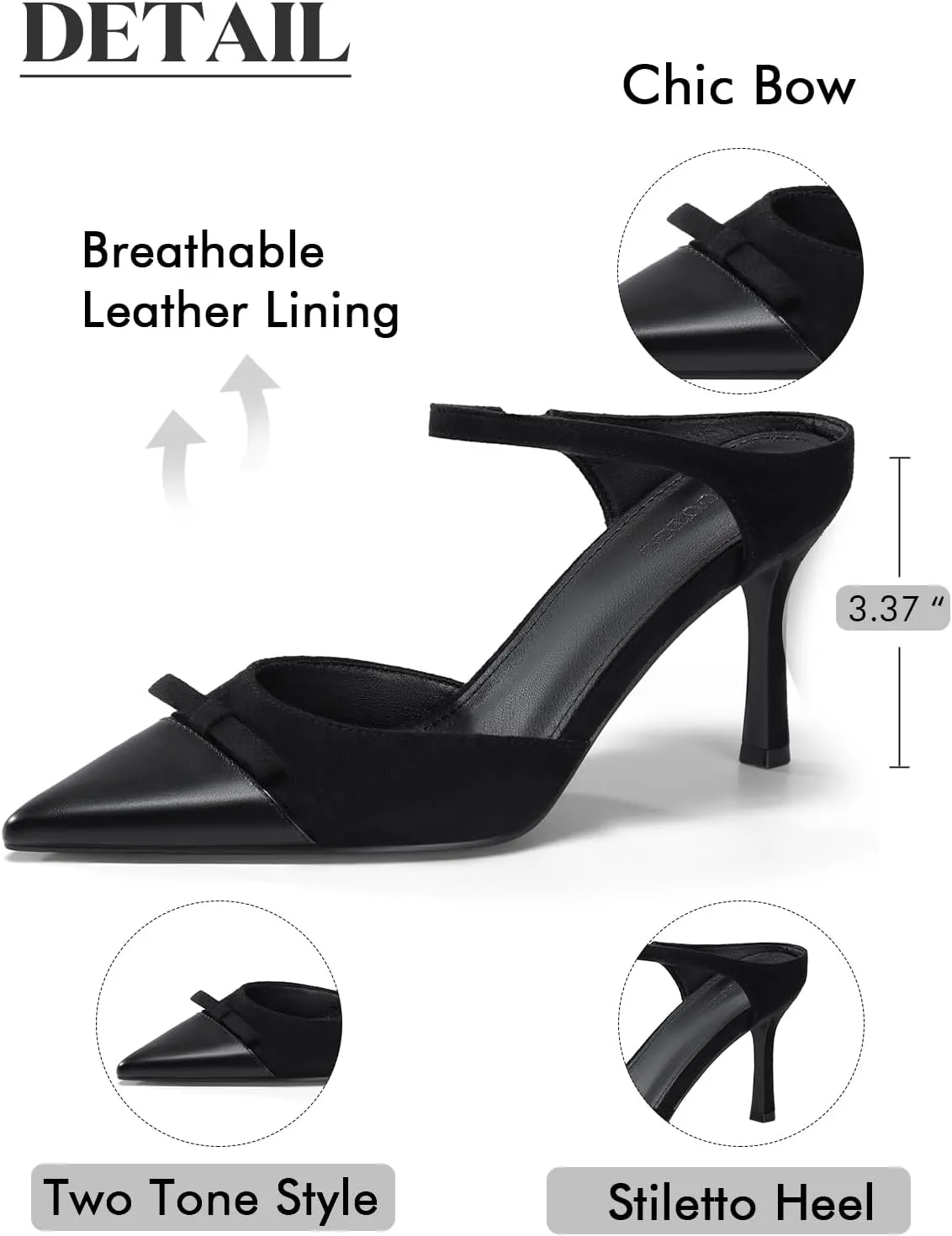 Coutgo Womens High Heels Bow Mules Stiletto Slip on Two Tone Ankle Strap Pumps Closed Pointed Toe Sandals Dress Shoes