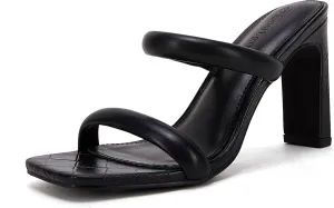 Coutgo Womens Square Open Toe Heeled Sandals Two Strap High Heel Backless Dress Slip On Mules