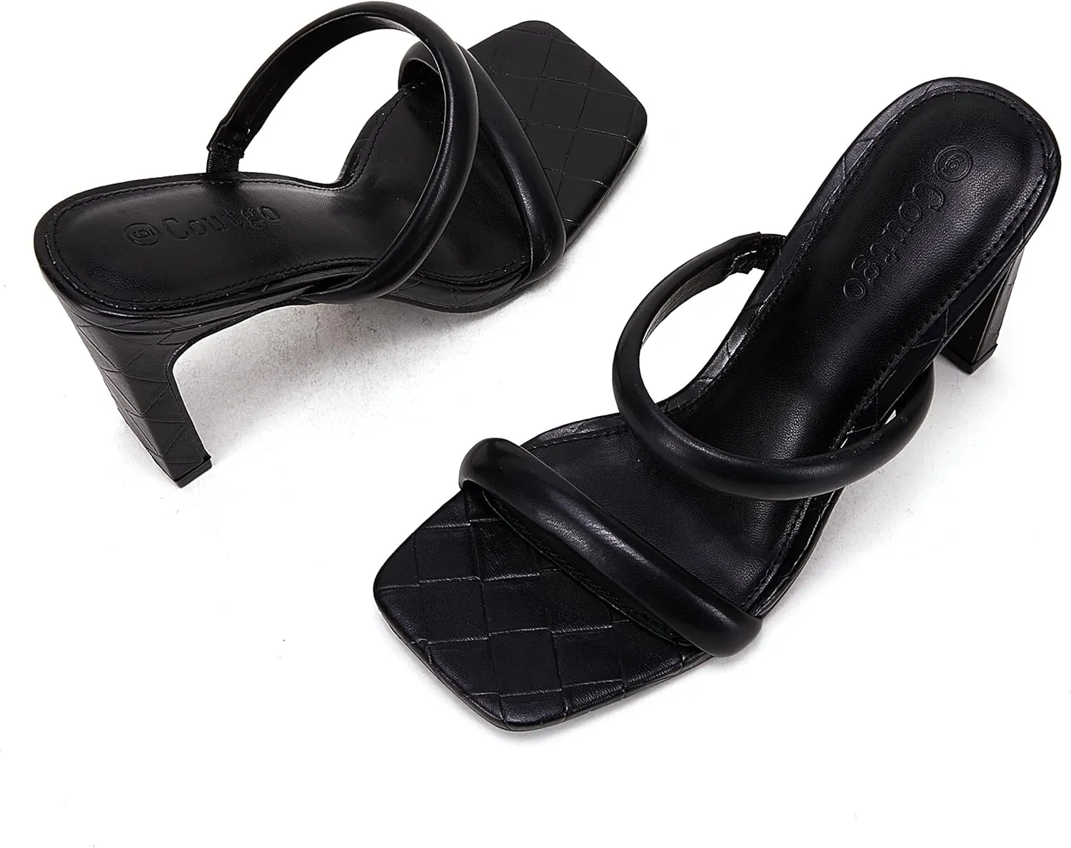 Coutgo Womens Square Open Toe Heeled Sandals Two Strap High Heel Backless Dress Slip On Mules