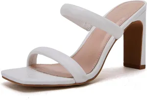 Coutgo Womens Square Open Toe Heeled Sandals Two Strap High Heel Backless Dress Slip On Mules