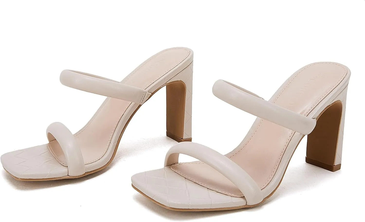 Coutgo Womens Square Open Toe Heeled Sandals Two Strap High Heel Backless Dress Slip On Mules