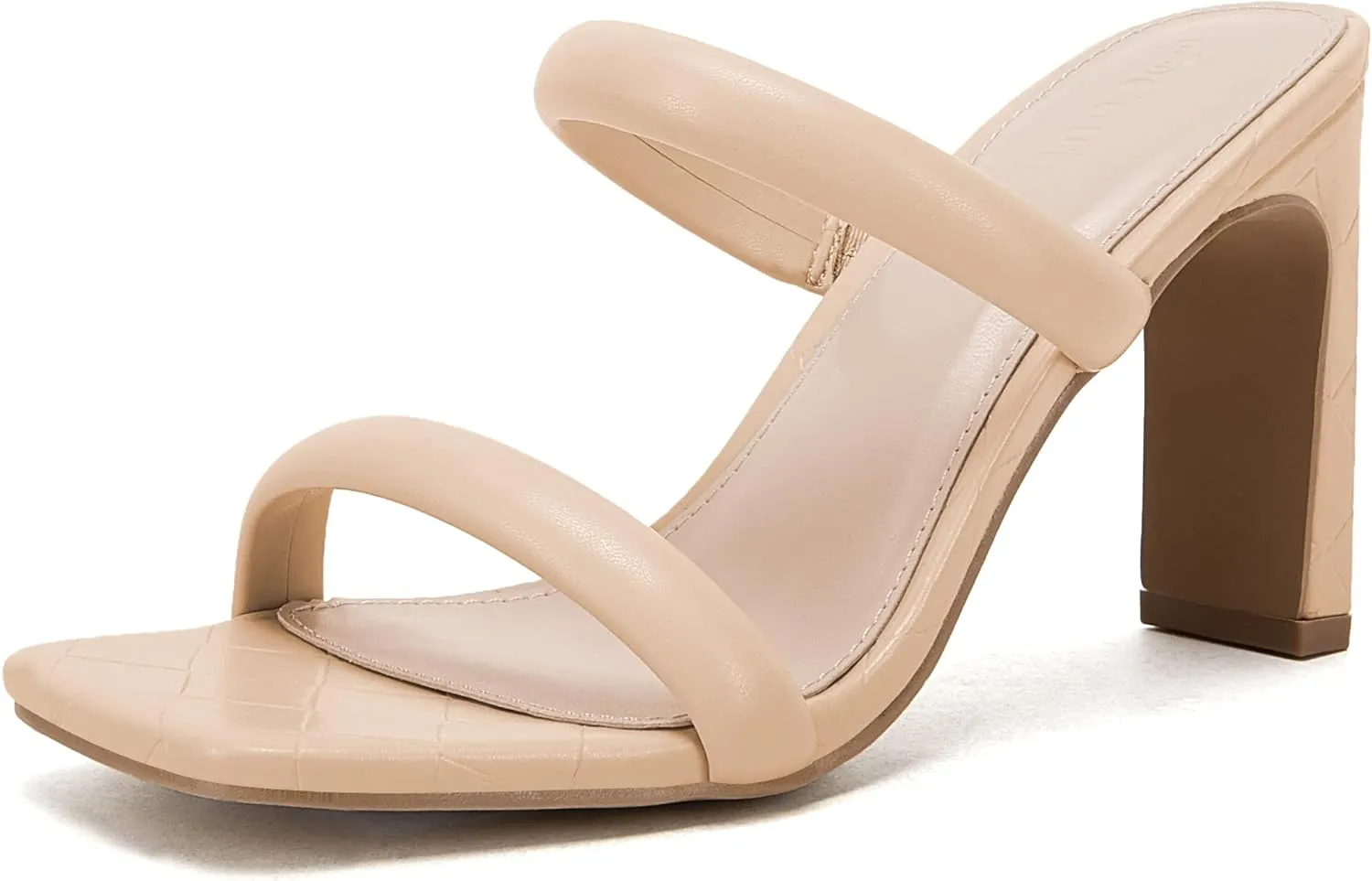 Coutgo Womens Square Open Toe Heeled Sandals Two Strap High Heel Backless Dress Slip On Mules