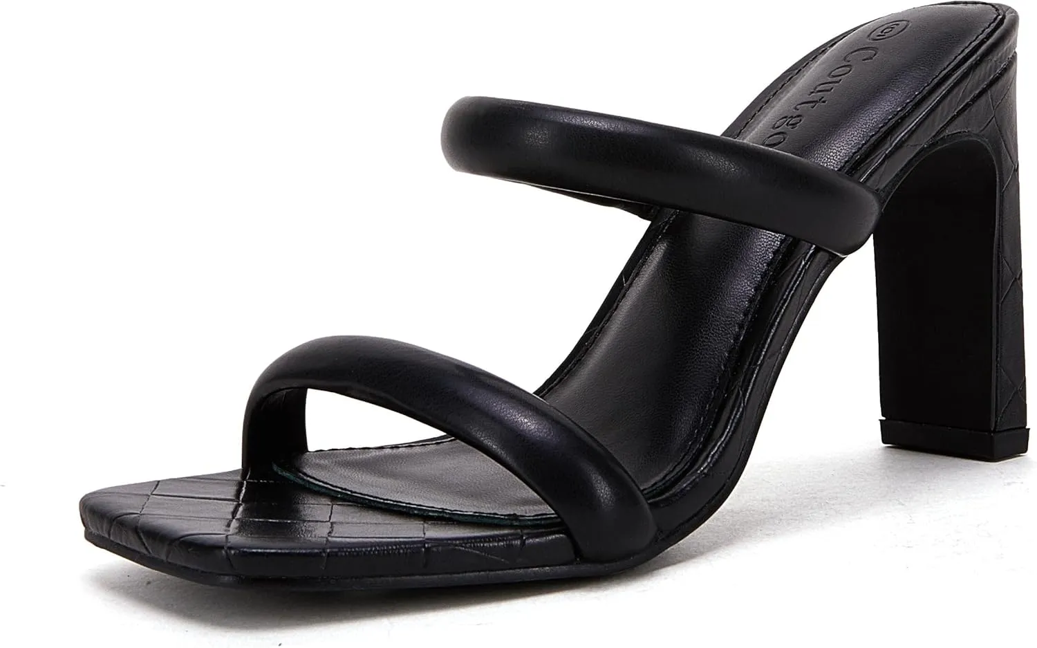 Coutgo Womens Square Open Toe Heeled Sandals Two Strap High Heel Backless Dress Slip On Mules