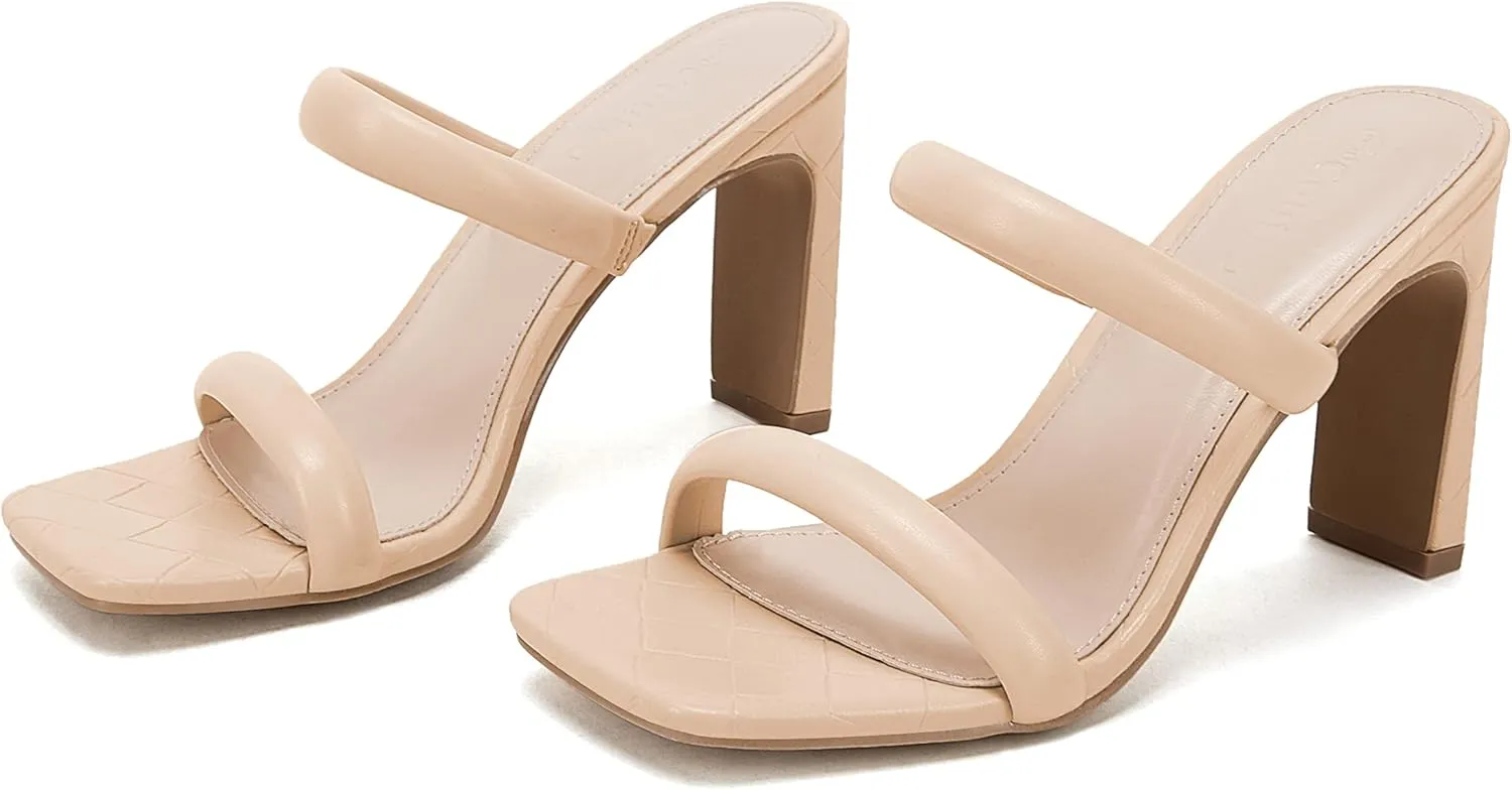 Coutgo Womens Square Open Toe Heeled Sandals Two Strap High Heel Backless Dress Slip On Mules
