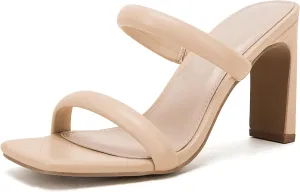 Coutgo Womens Square Open Toe Heeled Sandals Two Strap High Heel Backless Dress Slip On Mules