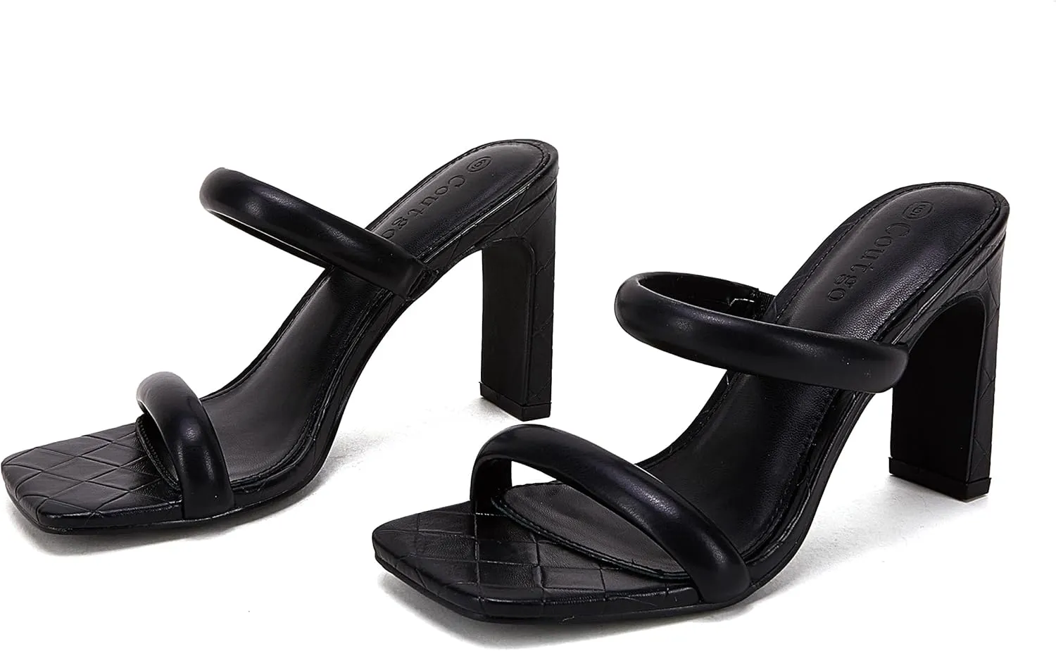 Coutgo Womens Square Open Toe Heeled Sandals Two Strap High Heel Backless Dress Slip On Mules