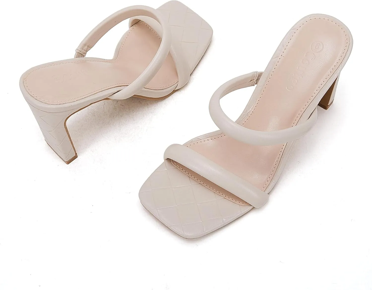 Coutgo Womens Square Open Toe Heeled Sandals Two Strap High Heel Backless Dress Slip On Mules