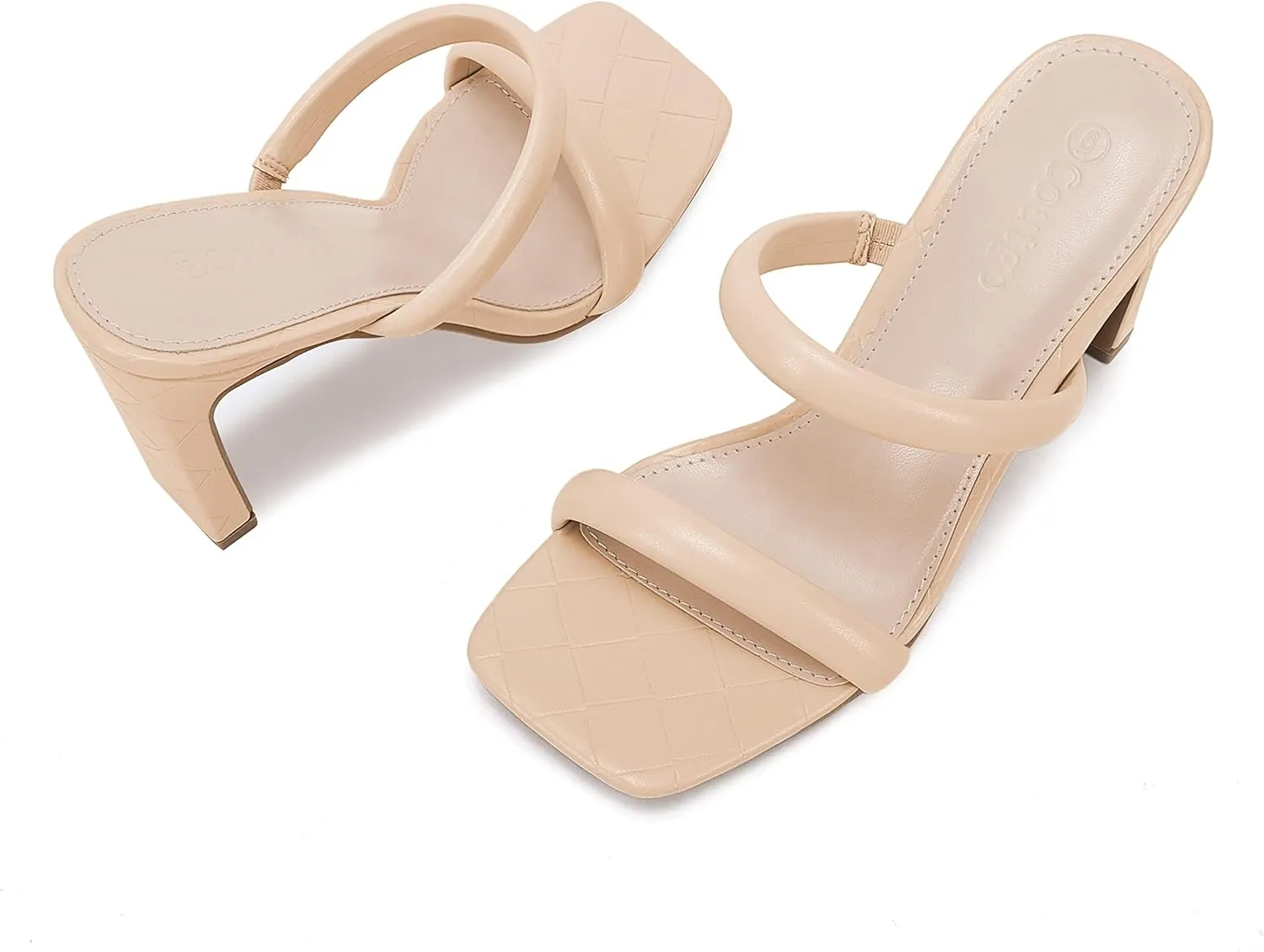 Coutgo Womens Square Open Toe Heeled Sandals Two Strap High Heel Backless Dress Slip On Mules