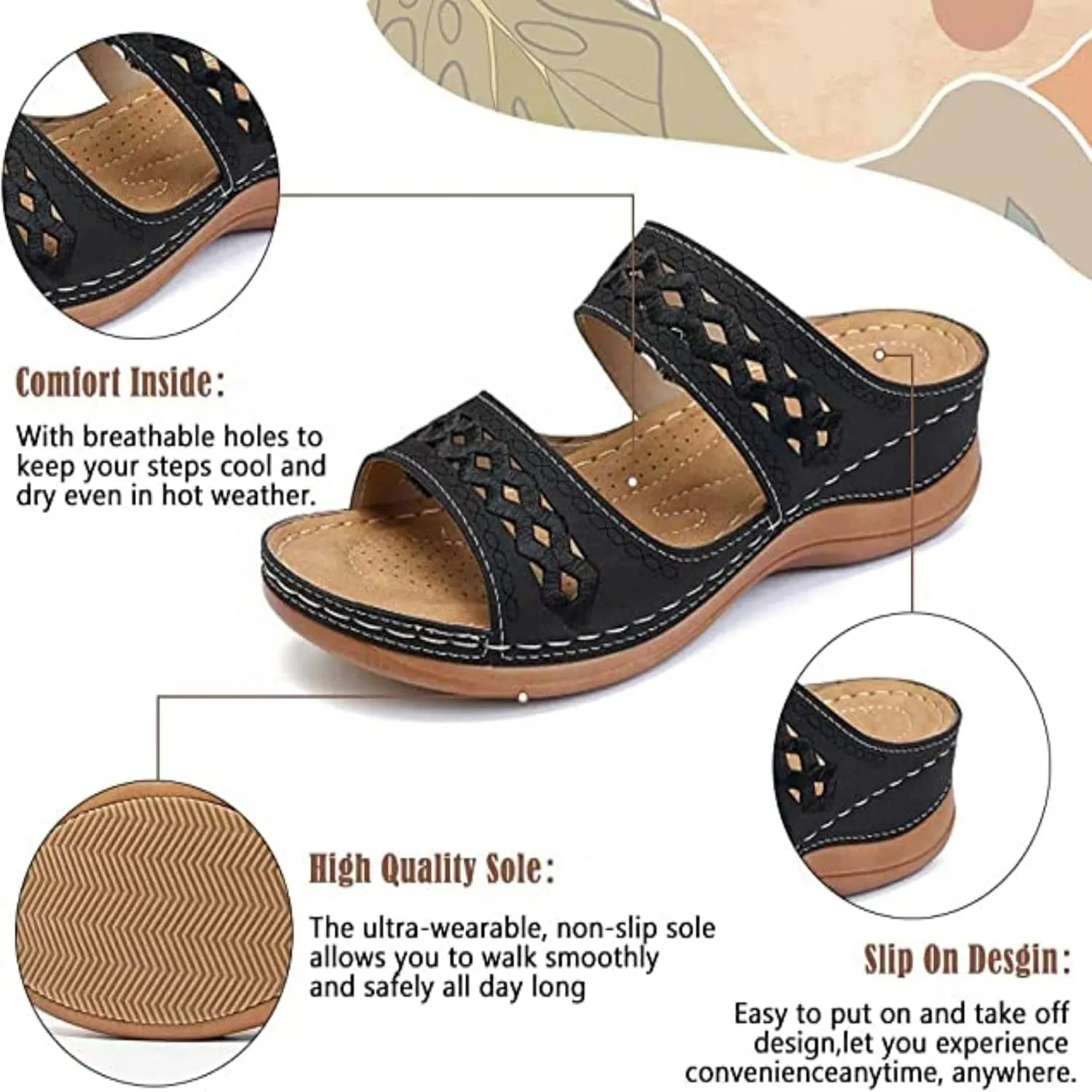Crepuscute Women's Embroidered Wedge Perfectchose Arch Support Sandals,Slip On Opentoe Casual Comfortable Orthopedic Slippers Non-Slip Breathable Outdoor Walking Sandles