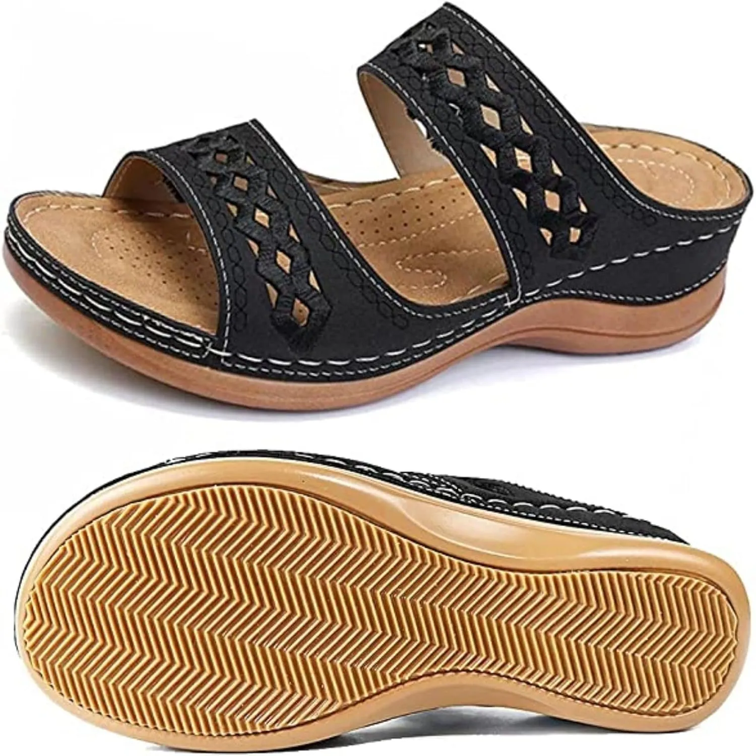 Crepuscute Women's Embroidered Wedge Perfectchose Arch Support Sandals,Slip On Opentoe Casual Comfortable Orthopedic Slippers Non-Slip Breathable Outdoor Walking Sandles