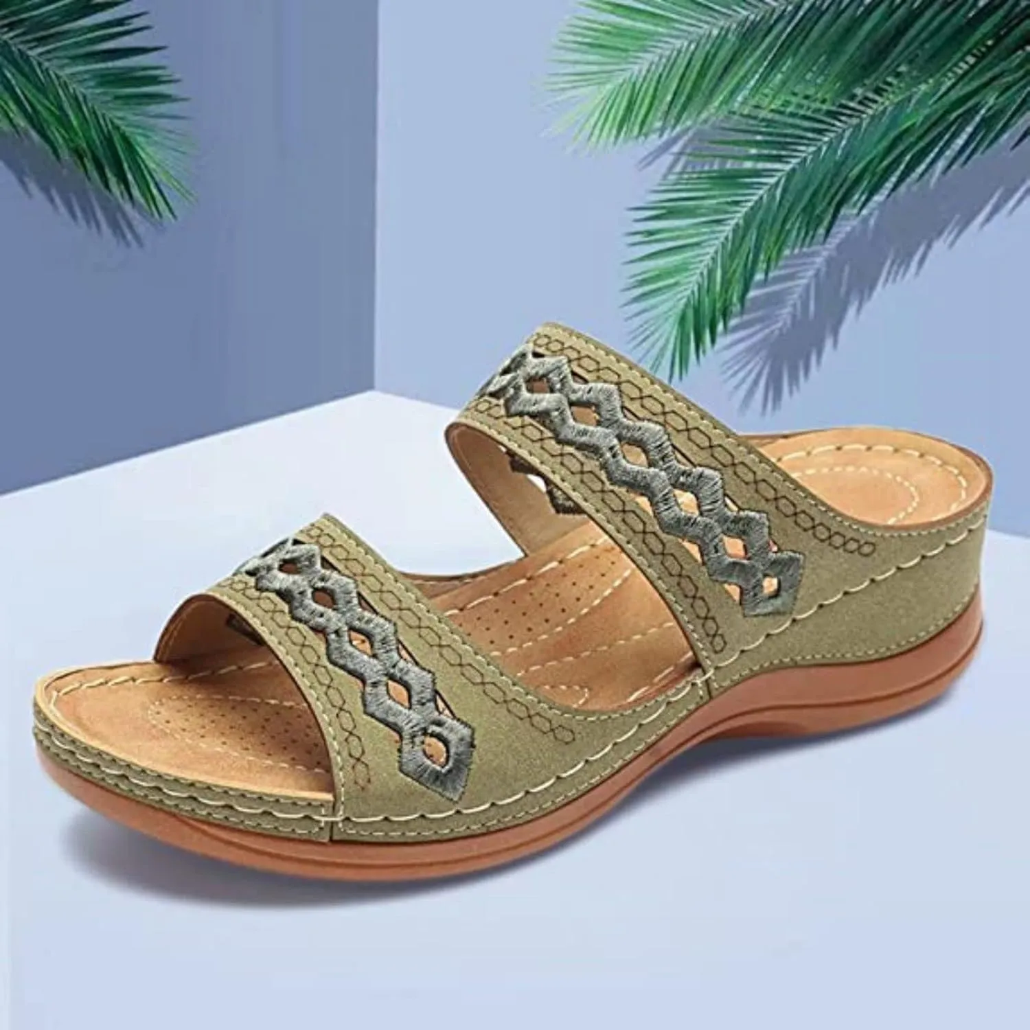 Crepuscute Women's Embroidered Wedge Perfectchose Arch Support Sandals,Slip On Opentoe Casual Comfortable Orthopedic Slippers Non-Slip Breathable Outdoor Walking Sandles