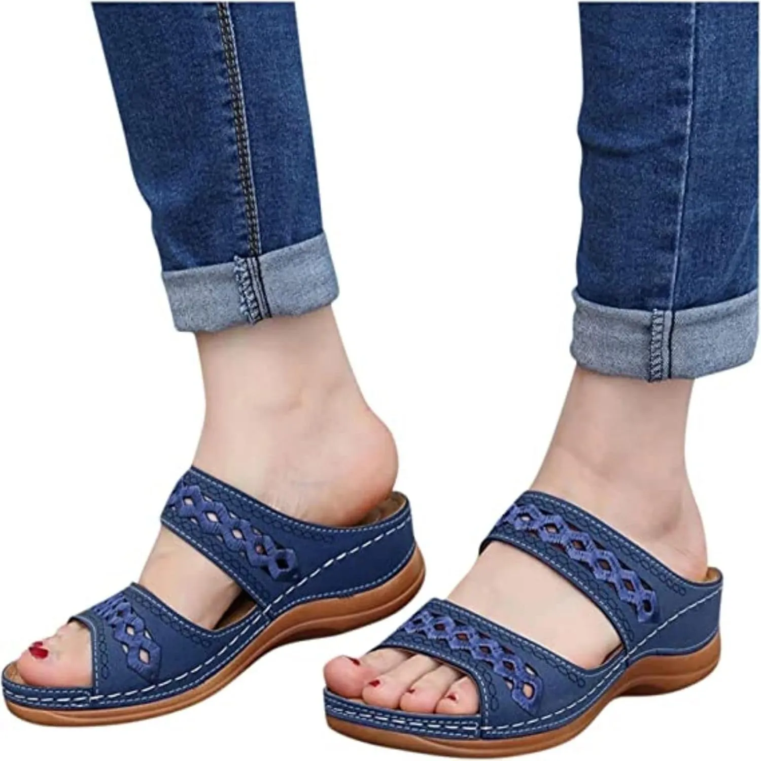 Crepuscute Women's Embroidered Wedge Perfectchose Arch Support Sandals,Slip On Opentoe Casual Comfortable Orthopedic Slippers Non-Slip Breathable Outdoor Walking Sandles