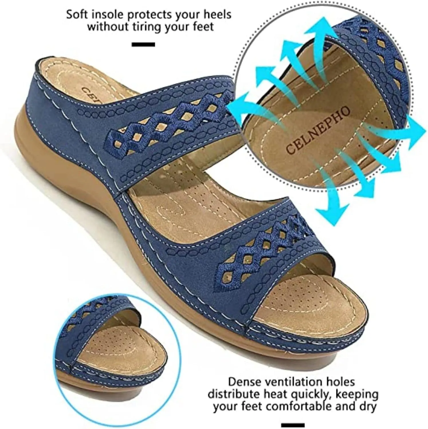 Crepuscute Women's Embroidered Wedge Perfectchose Arch Support Sandals,Slip On Opentoe Casual Comfortable Orthopedic Slippers Non-Slip Breathable Outdoor Walking Sandles