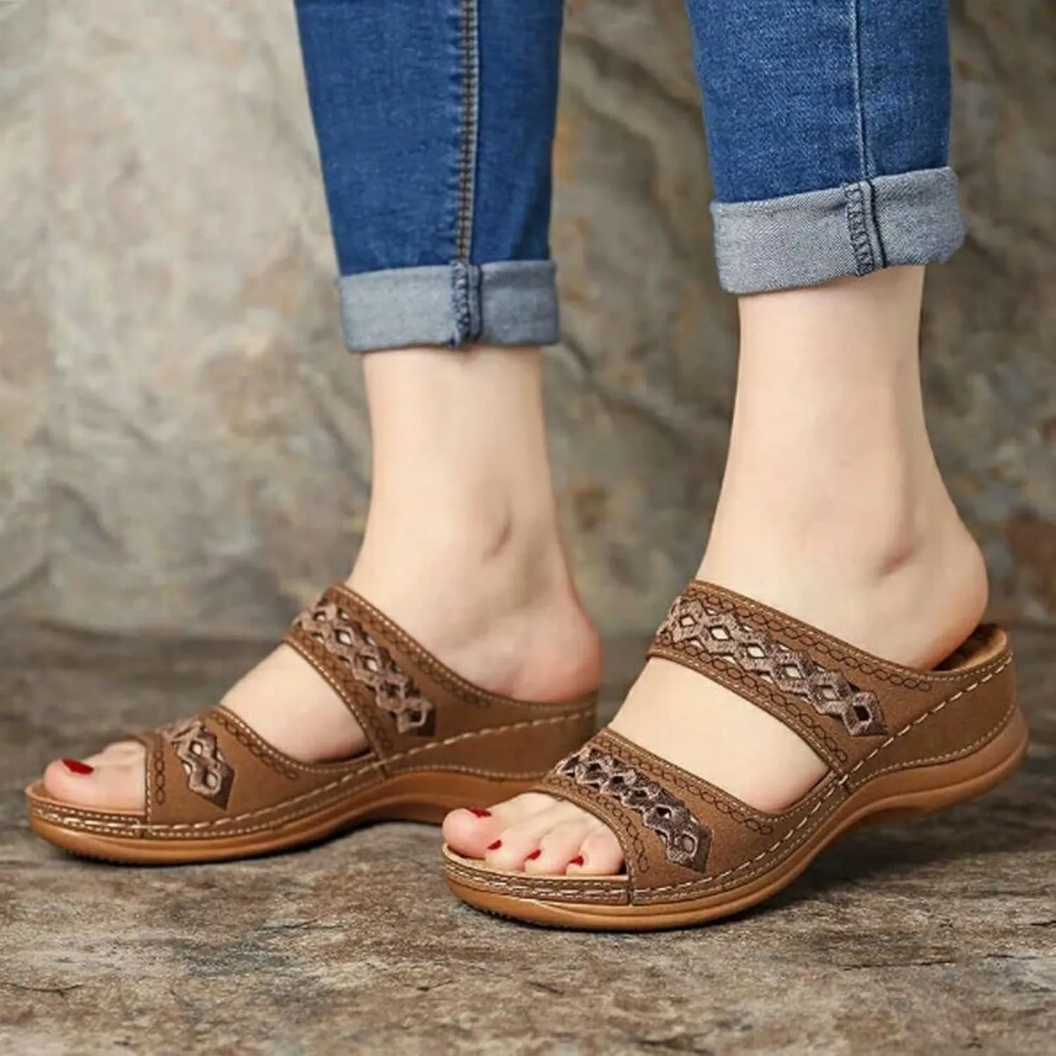 Crepuscute Women's Embroidered Wedge Perfectchose Arch Support Sandals,Slip On Opentoe Casual Comfortable Orthopedic Slippers Non-Slip Breathable Outdoor Walking Sandles