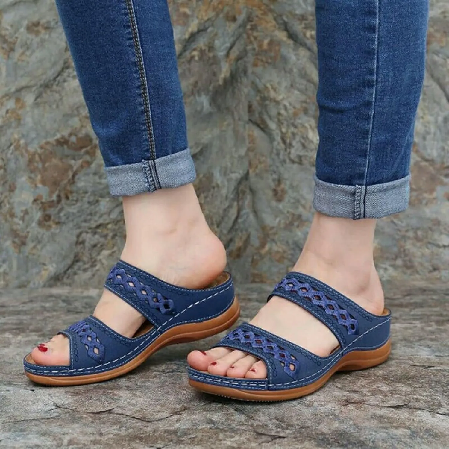 Crepuscute Women's Embroidered Wedge Perfectchose Arch Support Sandals,Slip On Opentoe Casual Comfortable Orthopedic Slippers Non-Slip Breathable Outdoor Walking Sandles