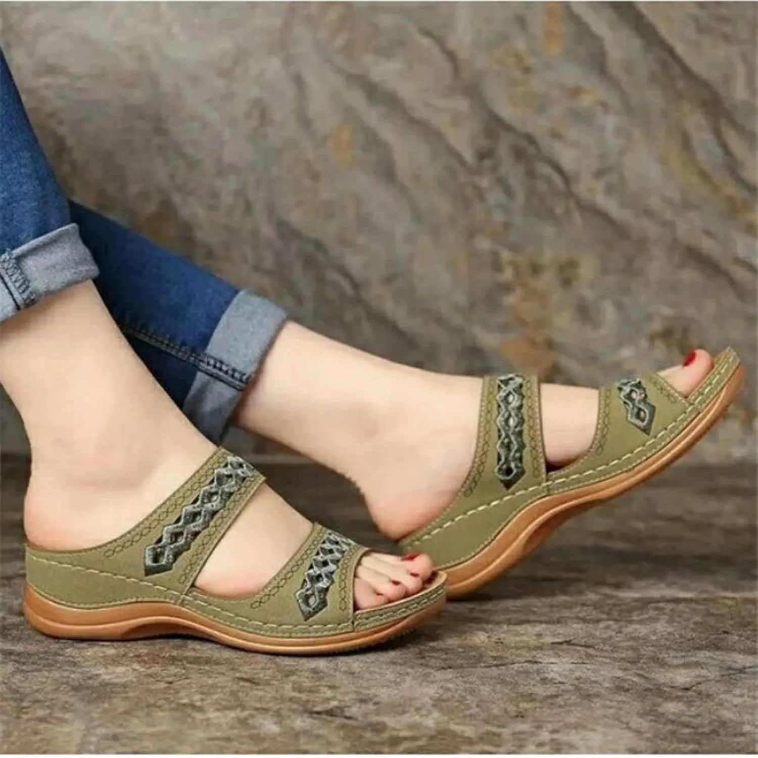 Crepuscute Women's Embroidered Wedge Perfectchose Arch Support Sandals,Slip On Opentoe Casual Comfortable Orthopedic Slippers Non-Slip Breathable Outdoor Walking Sandles