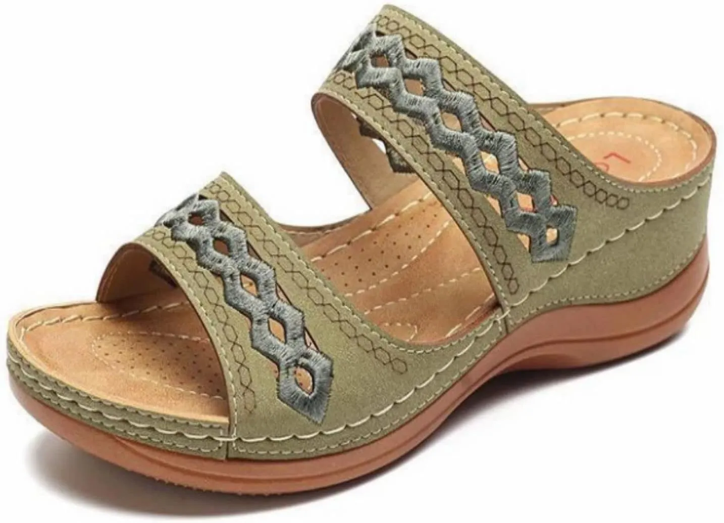 Crepuscute Women's Embroidered Wedge Perfectchose Arch Support Sandals,Slip On Opentoe Casual Comfortable Orthopedic Slippers Non-Slip Breathable Outdoor Walking Sandles