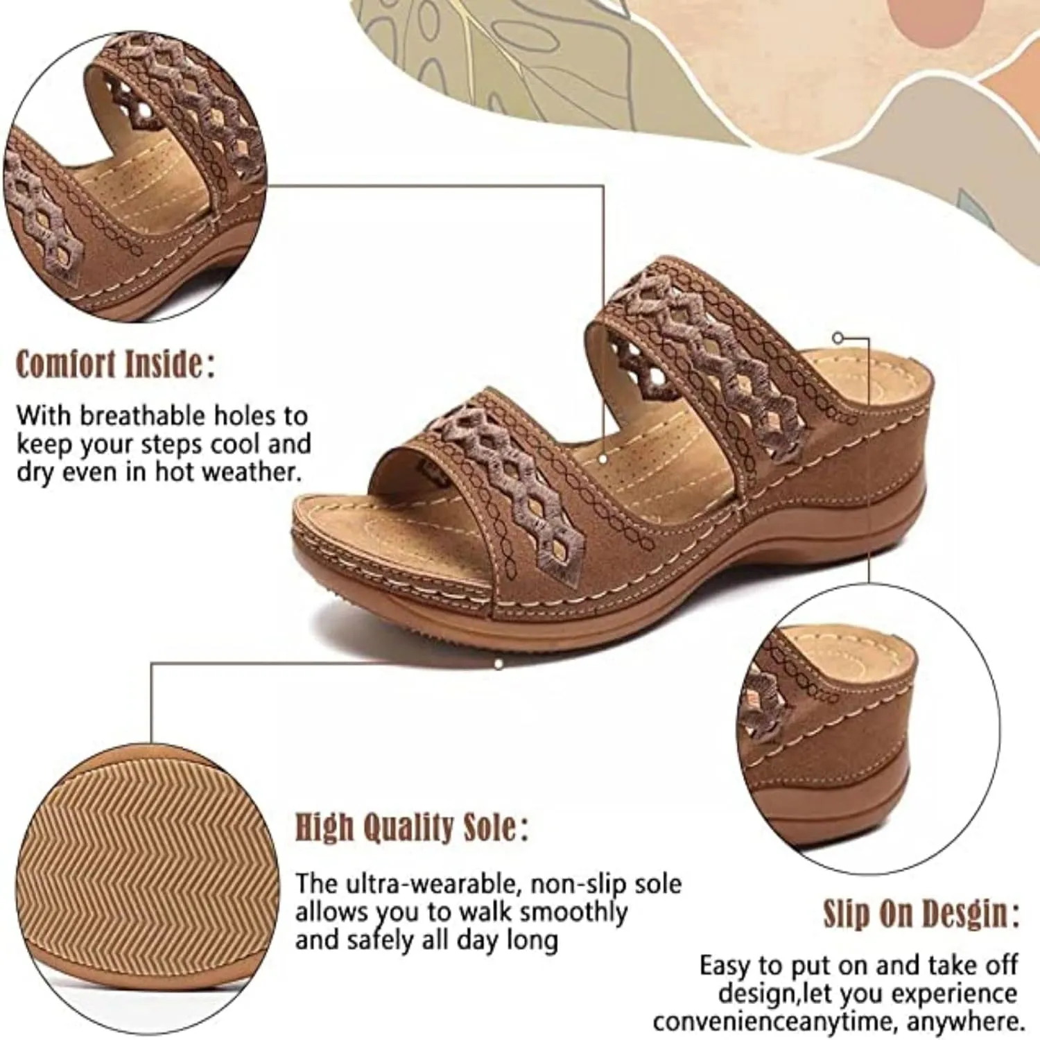 Crepuscute Women's Embroidered Wedge Perfectchose Arch Support Sandals,Slip On Opentoe Casual Comfortable Orthopedic Slippers Non-Slip Breathable Outdoor Walking Sandles