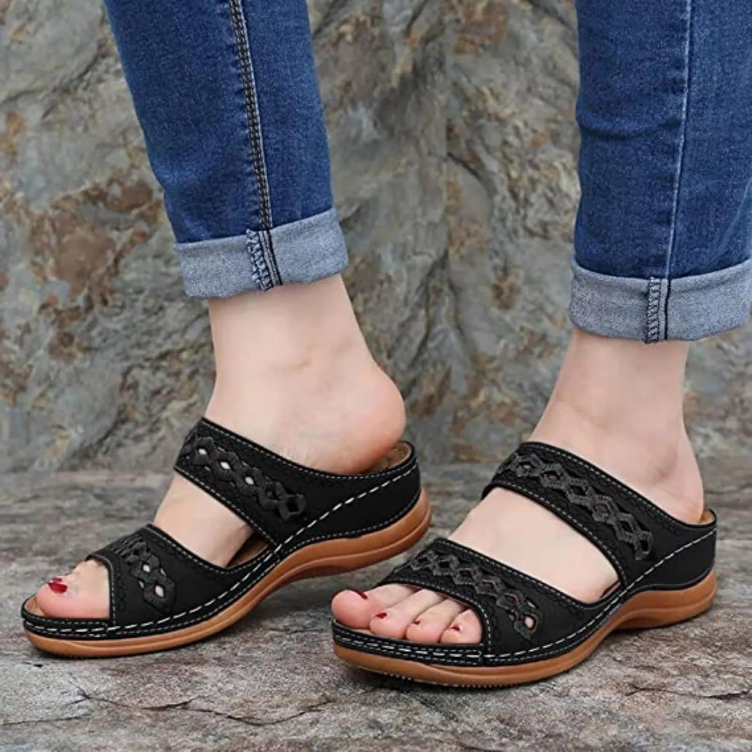 Crepuscute Women's Embroidered Wedge Perfectchose Arch Support Sandals,Slip On Opentoe Casual Comfortable Orthopedic Slippers Non-Slip Breathable Outdoor Walking Sandles