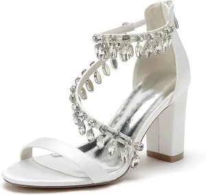Crystal Wedding Shoes for Bride Bridal Sandals Comfy Chunky Heel Pumps Heels Wide Pumps Heeled Bridesmaids Dress Shoes
