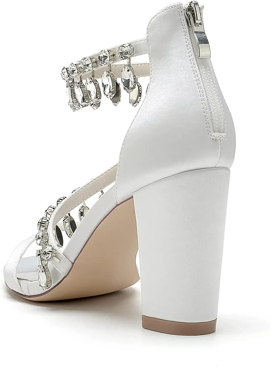 Crystal Wedding Shoes for Bride Bridal Sandals Comfy Chunky Heel Pumps Heels Wide Pumps Heeled Bridesmaids Dress Shoes