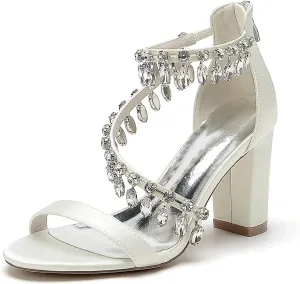 Crystal Wedding Shoes for Bride Bridal Sandals Comfy Chunky Heel Pumps Heels Wide Pumps Heeled Bridesmaids Dress Shoes