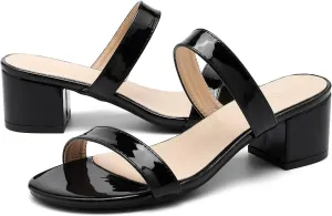 DADAWEN Women's Two Strap Open Toe Slip On Low Chunky Heels Sandals Block Heels Mule Sandals Party Dating Wedding Dress Pumps Shoes