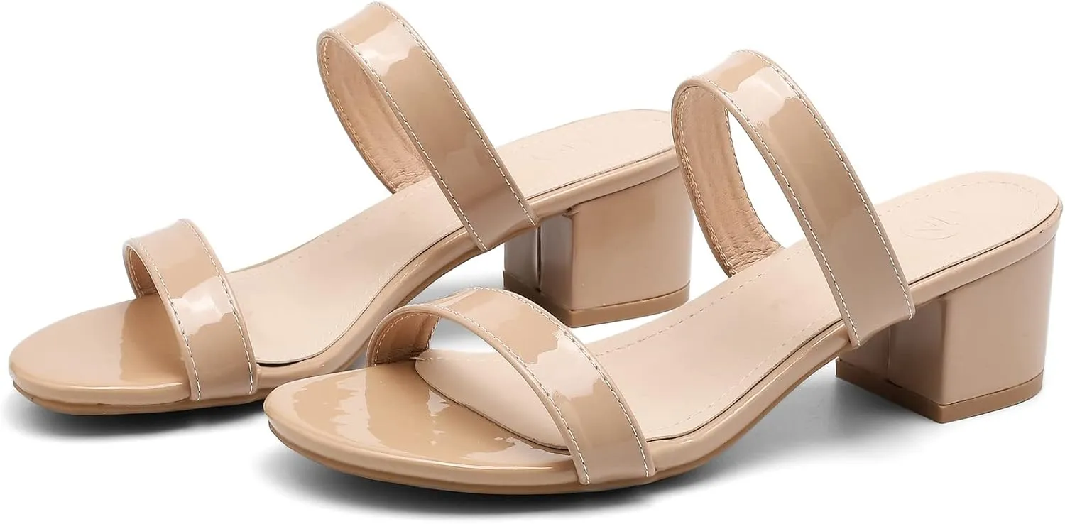 DADAWEN Women's Two Strap Open Toe Slip On Low Chunky Heels Sandals Block Heels Mule Sandals Party Dating Wedding Dress Pumps Shoes