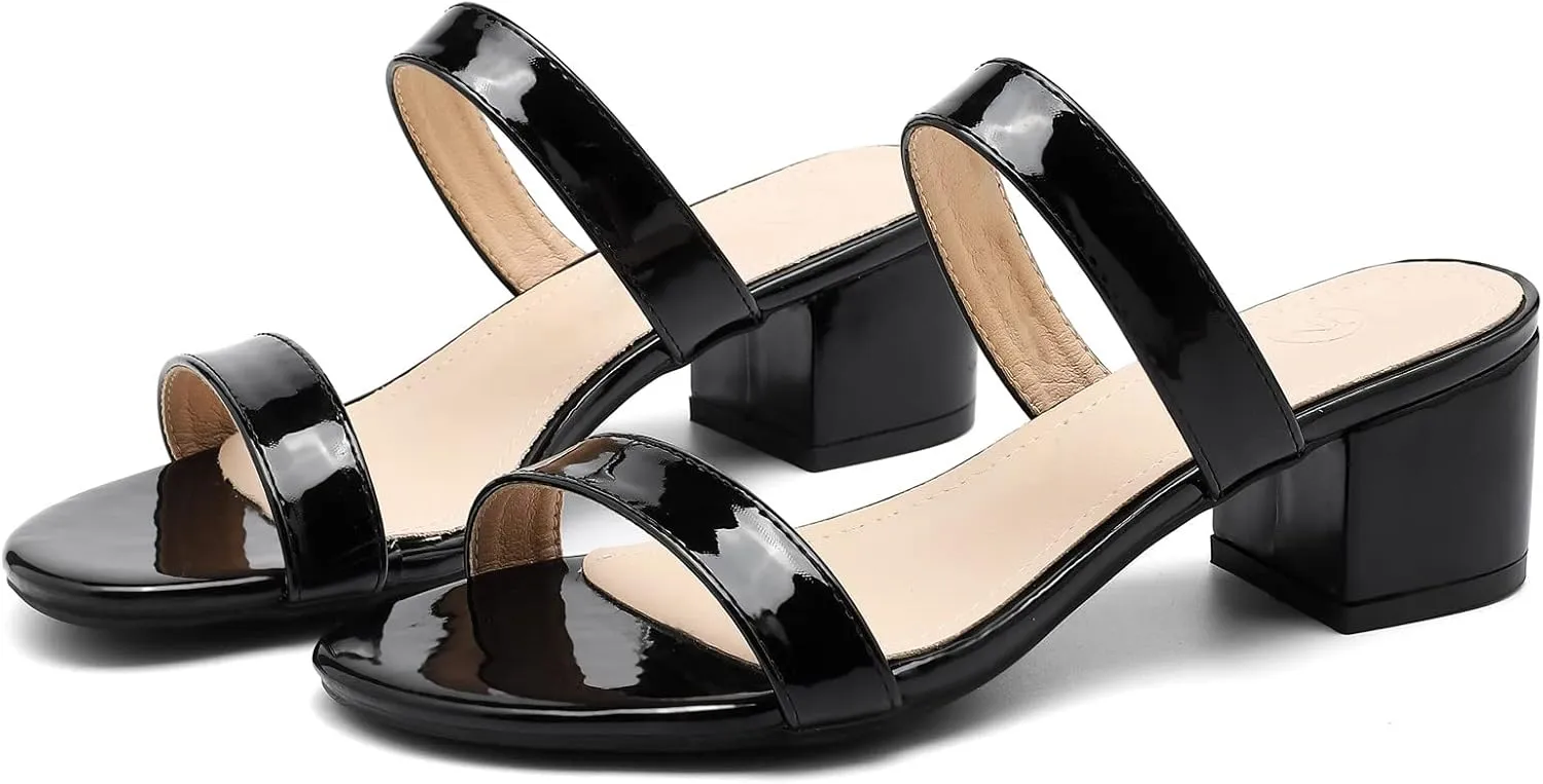 DADAWEN Women's Two Strap Open Toe Slip On Low Chunky Heels Sandals Block Heels Mule Sandals Party Dating Wedding Dress Pumps Shoes