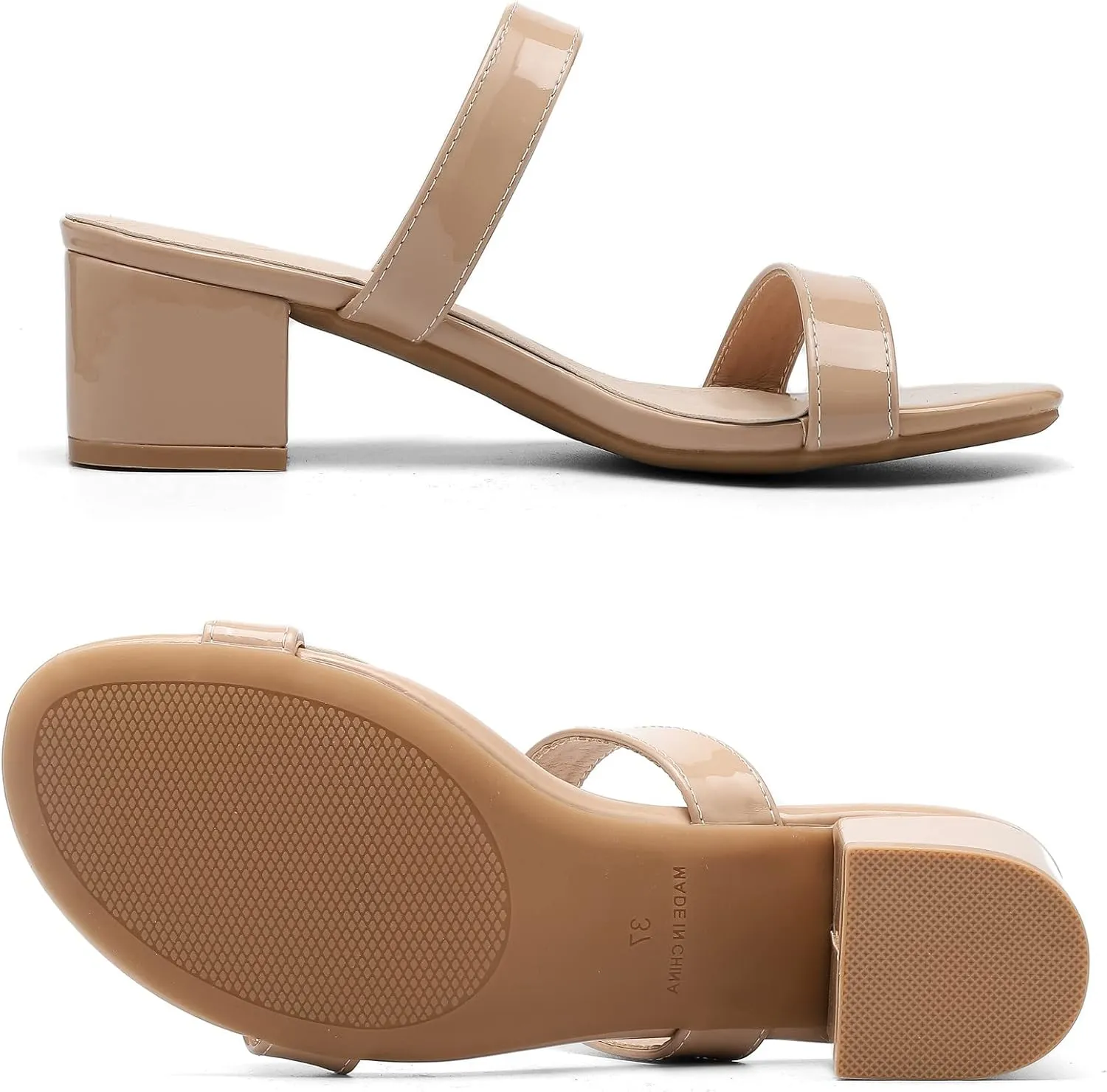 DADAWEN Women's Two Strap Open Toe Slip On Low Chunky Heels Sandals Block Heels Mule Sandals Party Dating Wedding Dress Pumps Shoes