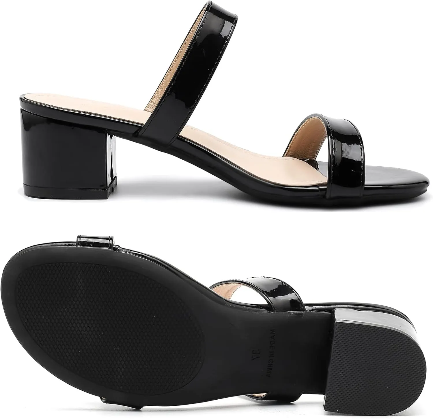 DADAWEN Women's Two Strap Open Toe Slip On Low Chunky Heels Sandals Block Heels Mule Sandals Party Dating Wedding Dress Pumps Shoes
