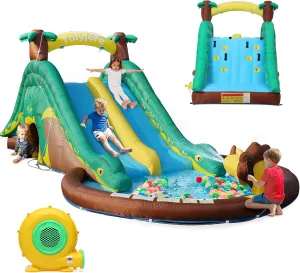 Dinosaur Bounce House Water Slide, Bouncy House Castle with Splash Water Pool 480W Blower with GFCI Dinasour Water Bouncing House with Dual Slide Indoor/Outdoor Backyard Play for Kids 3-10