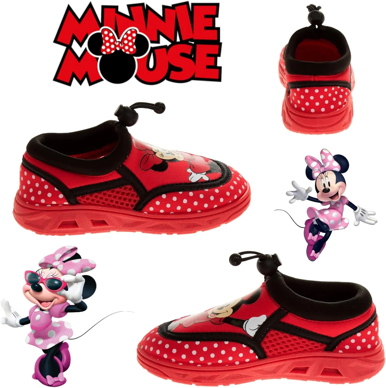 Disney Minnie Mouse Water Shoes - Pool Aqua Socks for Kids- Sandals Princess Bungee Waterproof Beach Slides Sport Character Summer Slip-on Quick Dry (Toddler/Little Kid)