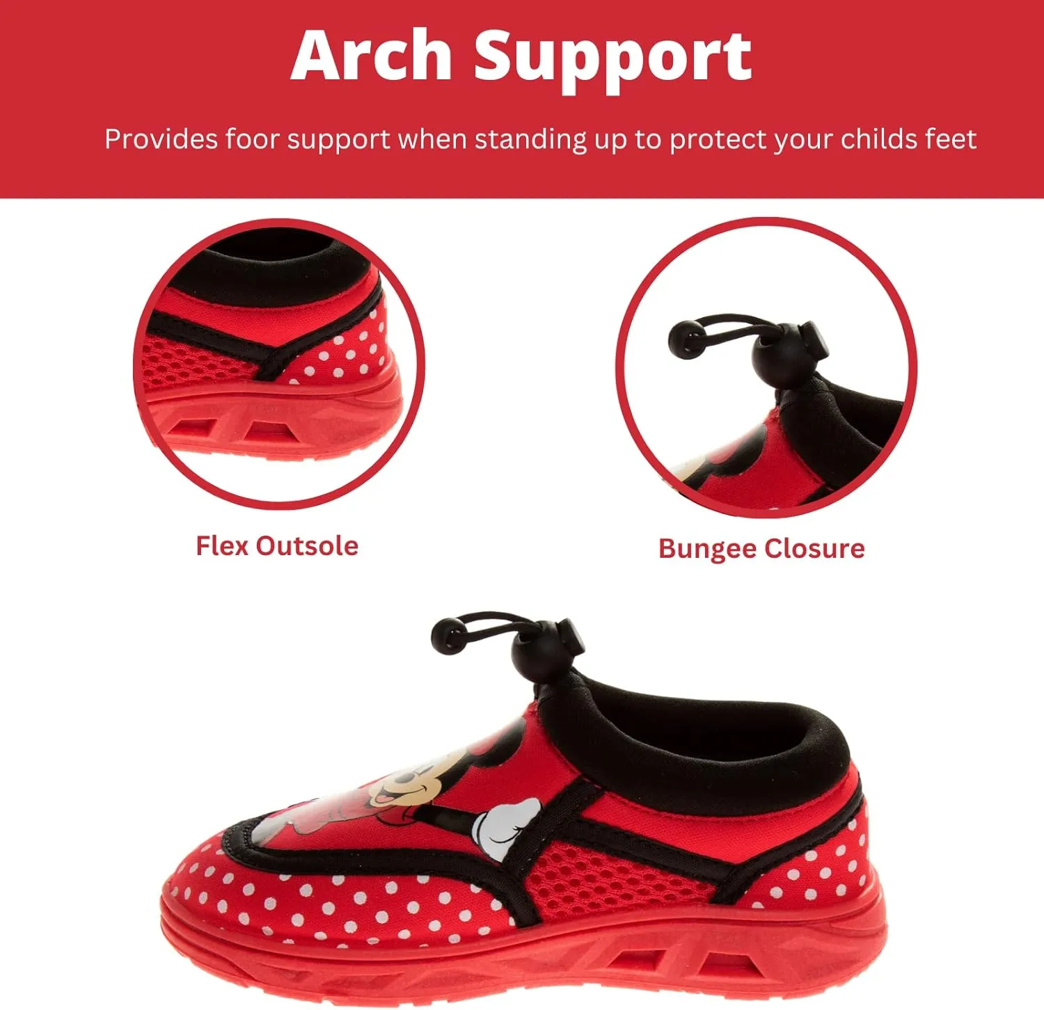 Disney Minnie Mouse Water Shoes - Pool Aqua Socks for Kids- Sandals Princess Bungee Waterproof Beach Slides Sport Character Summer Slip-on Quick Dry (Toddler/Little Kid)