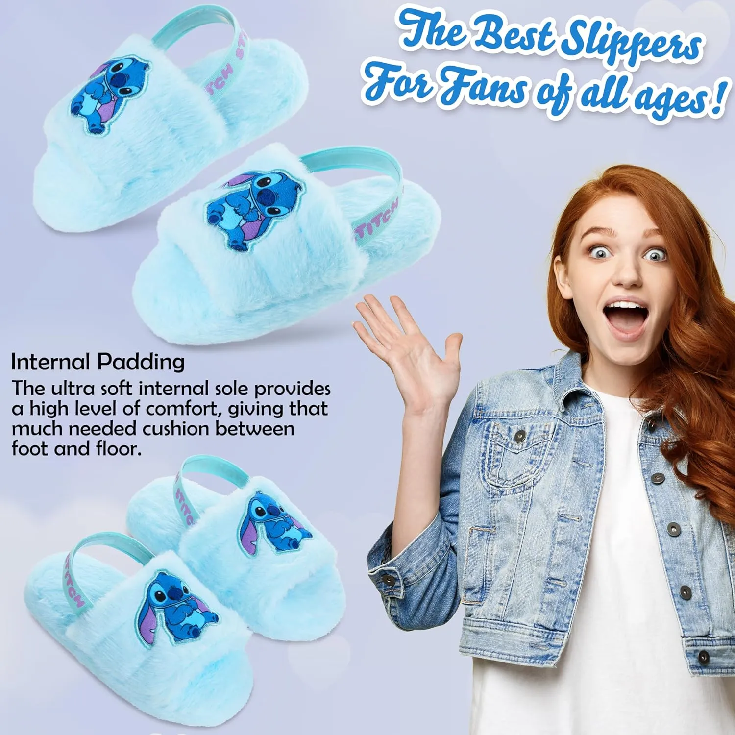 Disney Stitch Women's Fluffy Slippers, Comfy Mule House Shoes - Gifts for Women