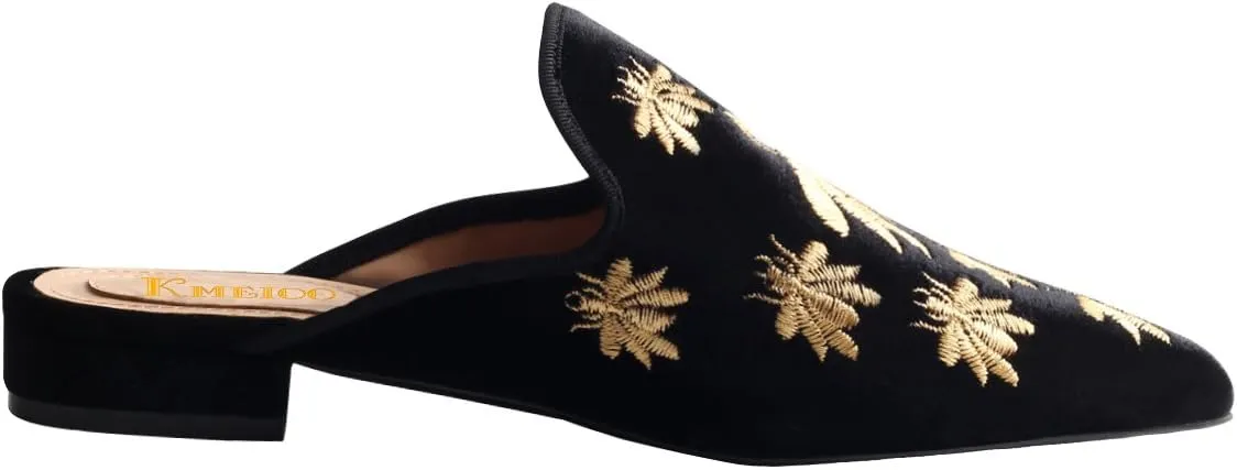 Divanne Loafers for Women, Womens Embroidery Mule Shoes Velvet Backless Slip On Loafers Pointed Toe Flat Mule Slides
