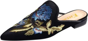 Divanne Loafers for Women, Womens Embroidery Mule Shoes Velvet Backless Slip On Loafers Pointed Toe Flat Mule Slides