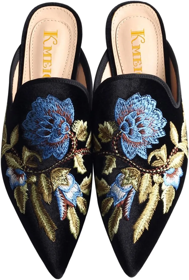 Divanne Loafers for Women, Womens Embroidery Mule Shoes Velvet Backless Slip On Loafers Pointed Toe Flat Mule Slides