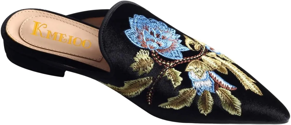 Divanne Loafers for Women, Womens Embroidery Mule Shoes Velvet Backless Slip On Loafers Pointed Toe Flat Mule Slides