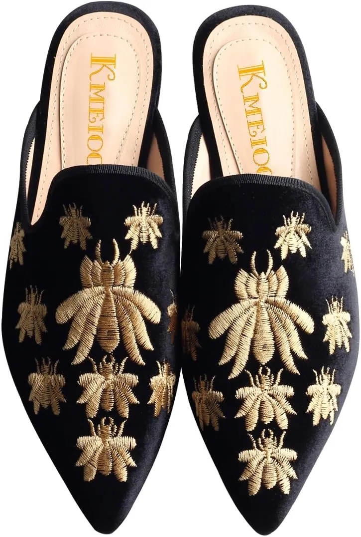 Divanne Loafers for Women, Womens Embroidery Mule Shoes Velvet Backless Slip On Loafers Pointed Toe Flat Mule Slides