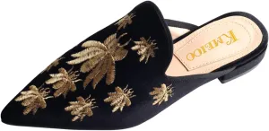 Divanne Loafers for Women, Womens Embroidery Mule Shoes Velvet Backless Slip On Loafers Pointed Toe Flat Mule Slides