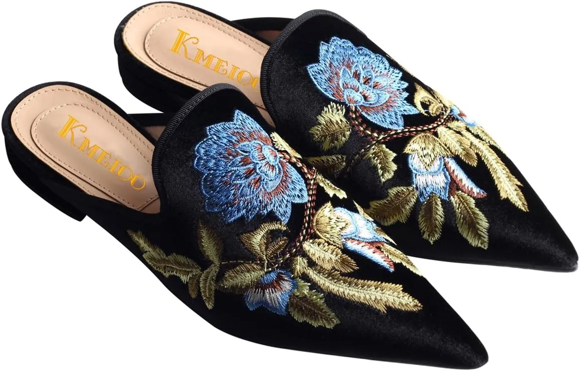 Divanne Loafers for Women, Womens Embroidery Mule Shoes Velvet Backless Slip On Loafers Pointed Toe Flat Mule Slides